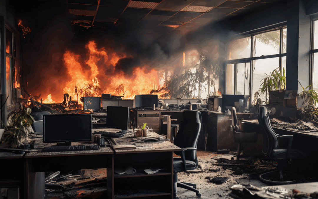Burning computer inside an office