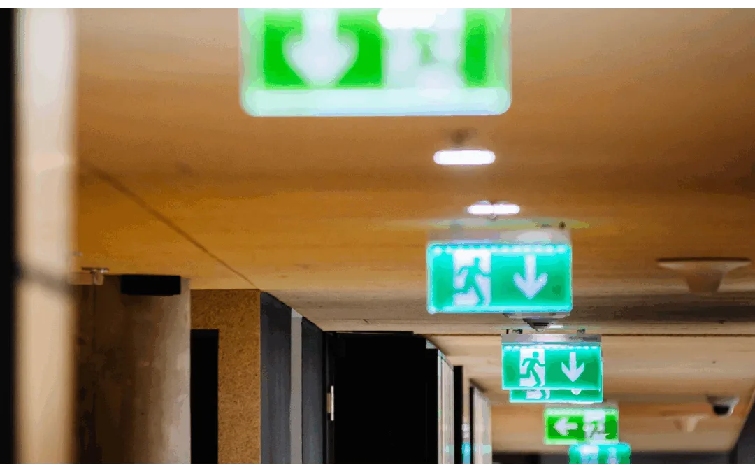 Wayfinding emergency lighting installed down a corridor