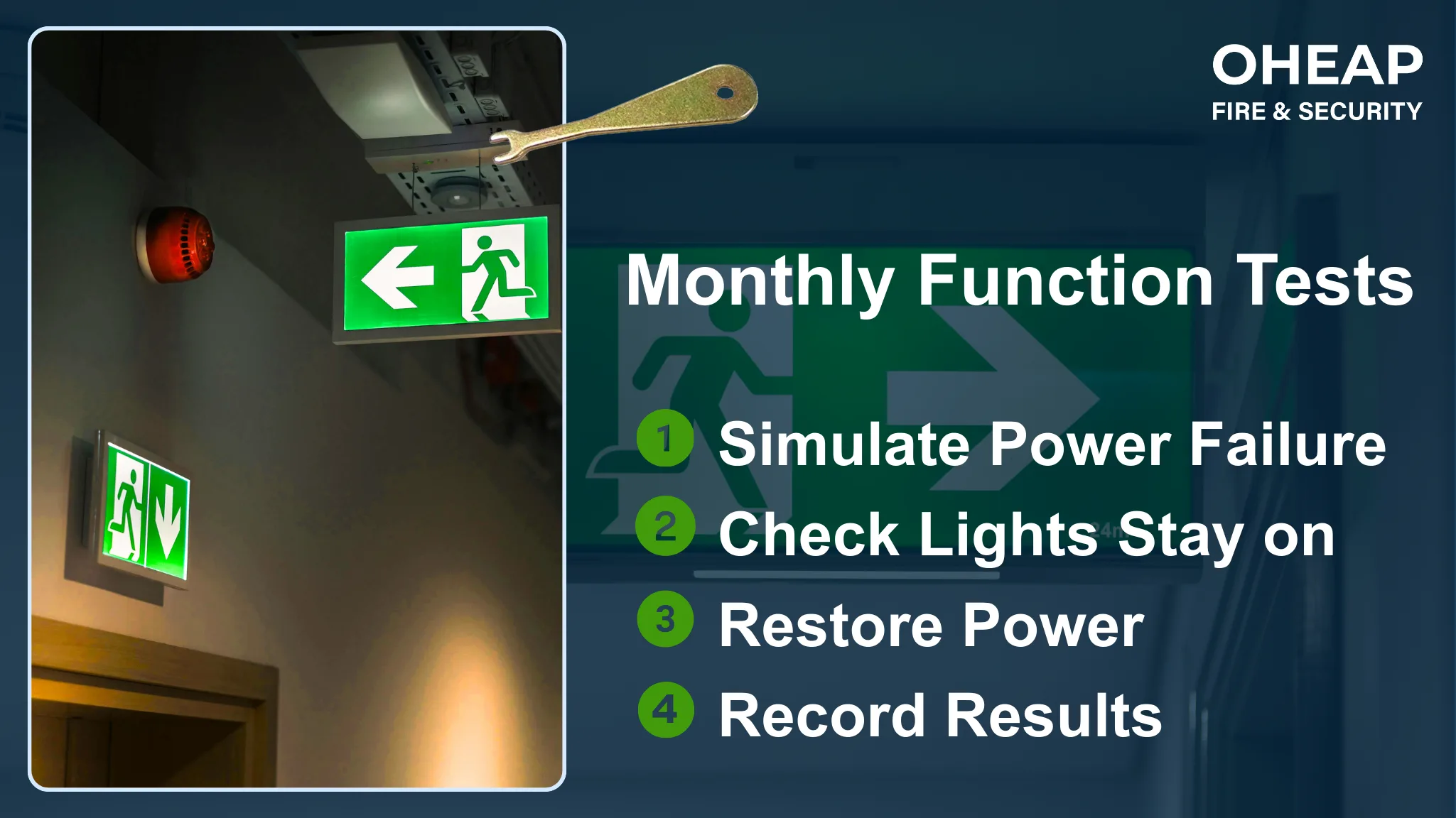 Infographic showing how to safely test emergency lights