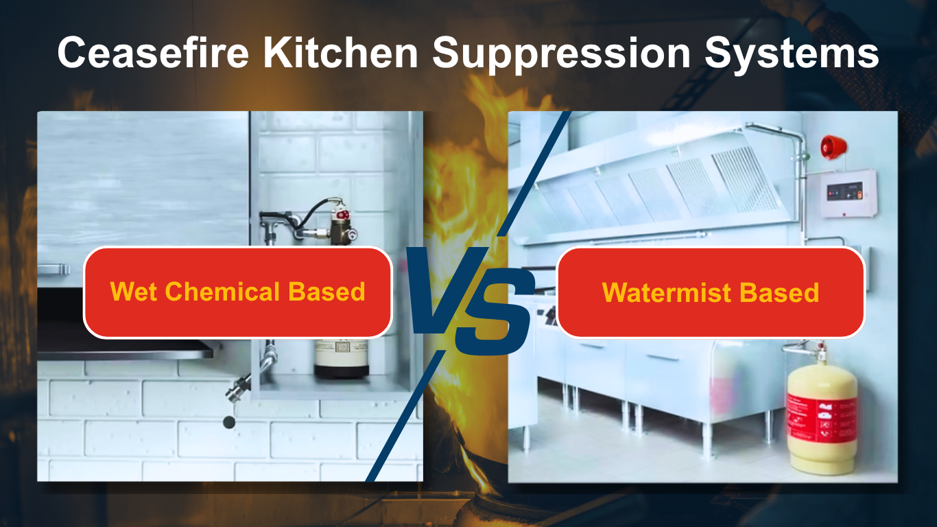 Infographic comparing the Ceasefire water mist and wet chemical   kitchen fire suppression systems