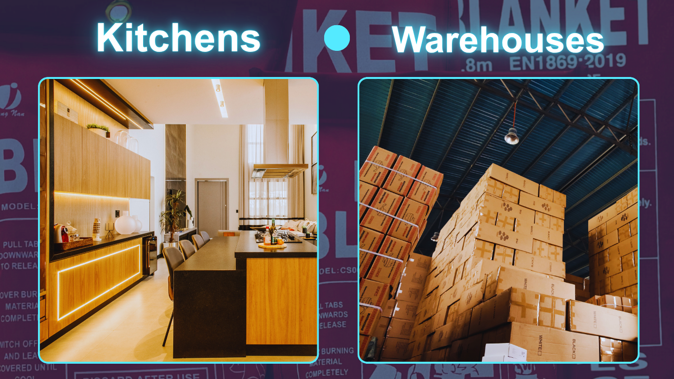 Infographic showing where to install fire blankets in kitchens and warehouses as part of workplace fire safety