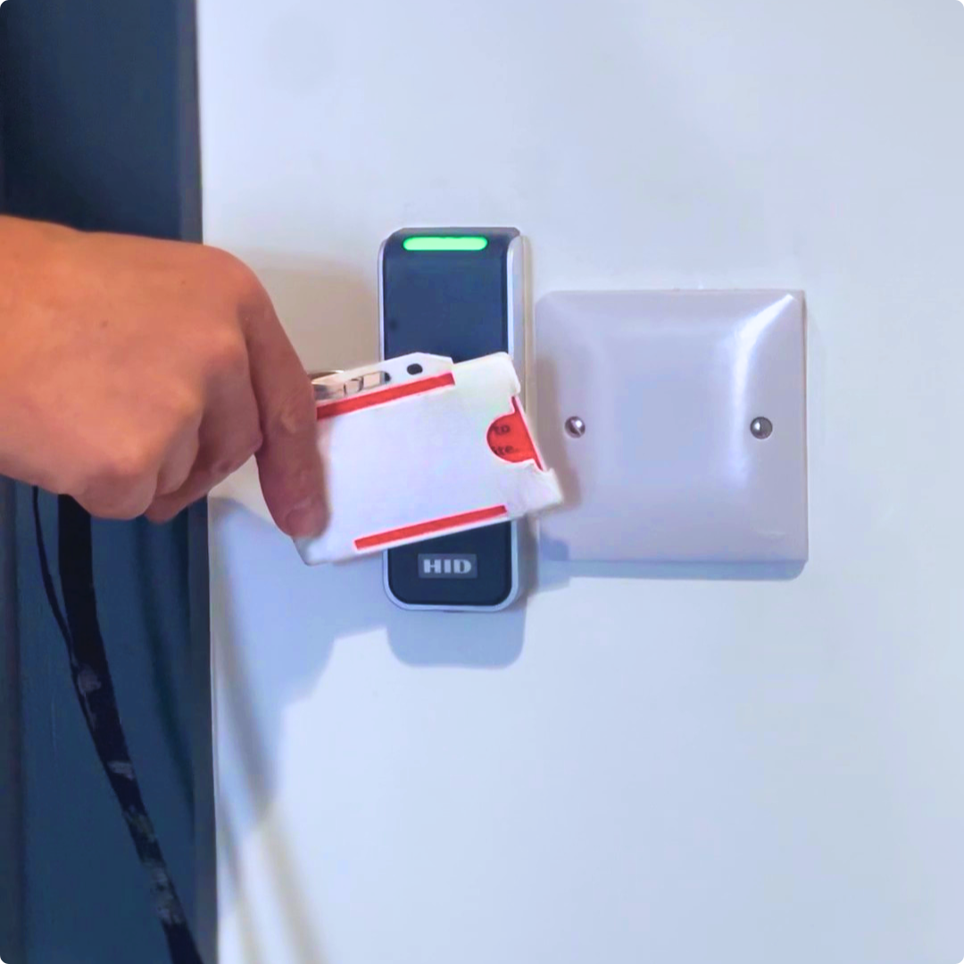 Access control key card unlocking a door