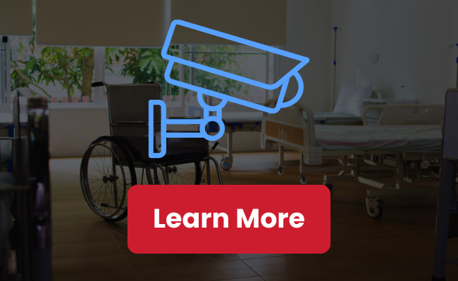 A blue CCTV icon over a background depicting care home security