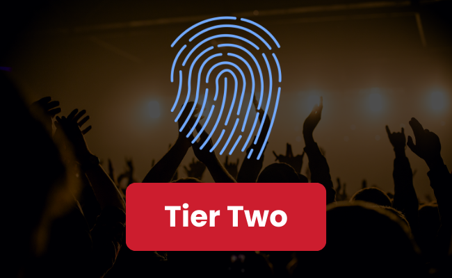 Button showing a biometric access control icon in front of a concert background, highlighting the security requirements for tier two of Martyn's Law