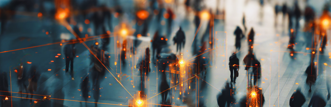 Birdseye view of a busy street where Ai-powered CCTV is being used to monitor the different people