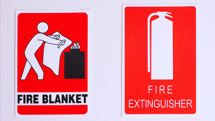 Fire blanket signage in a kitchen next to a fire extinguisher sign
