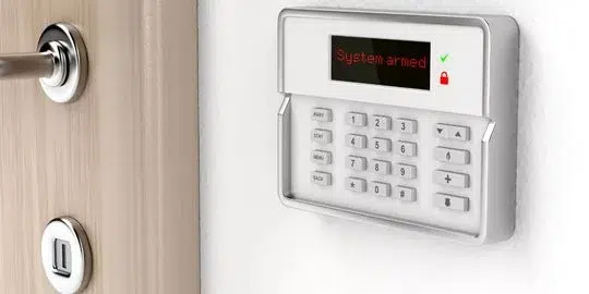 A domestic intruder alarm keypad fitted to a wall