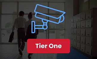 Button showing a CCTV security system icon in front of a school background, highlighting the security requirements for tier one of Martyn's Law