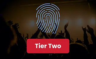 Button showing a biometric access control icon in front of a concert background, highlighting the security requirements for tier two of Martyn's Law