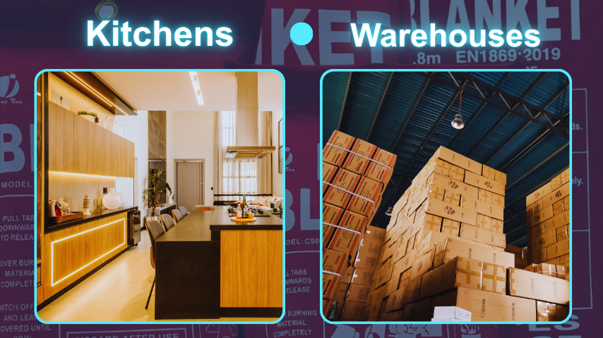 An infographic demonstrating the two key areas fire blankets should be installed: the warehouse and the kitchen